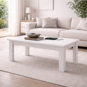 Mesa de centro elevable en color polar para salón moderno con sofá beige