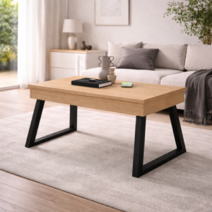 Mesa de centro M804 elevable en roble cambrian y blanco en salón moderno con sofá beige