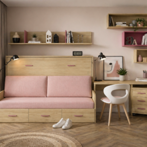 Dormitorio juvenil abatible horizontal con sofá rosa pastel y escritorio moderno en madera natural
