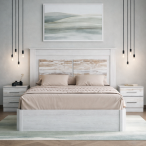 Dormitorio Málaga de oferta con canapé y colchón, mesillas y cabecero a suelo.