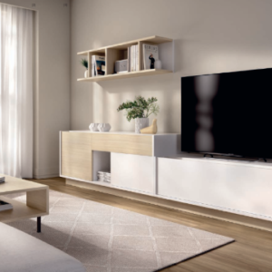 mueble moderno de salón Duo 01 en blanco y madera con módulo TV y estante decorativo