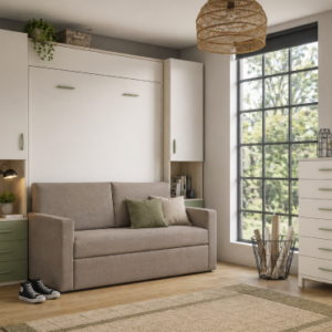 Dormitorio abatible horizontal 150x190 con sofá gris y armario moderno composición 66