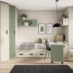 Dormitorio juvenil con mesa giratoria y armario rincón en color verde arcilla y fresno