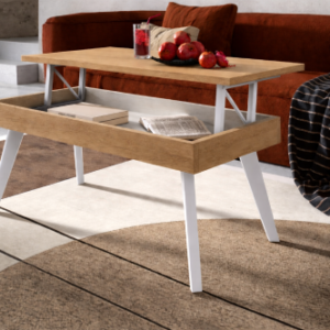 Mesa de centro elevable con tapa roble artisán y patas blancas en salón moderno