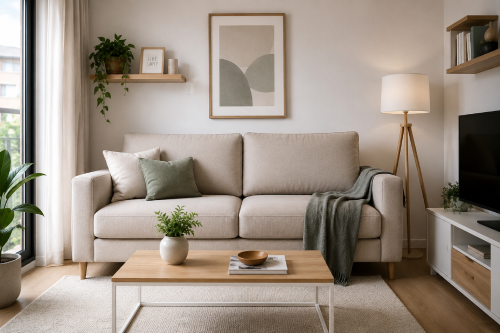 Sofá para salón pequeño moderno en un salón luminoso y acogedor