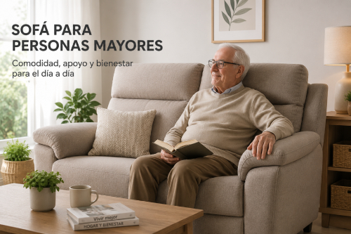 Sofá para personas mayores con respaldo alto y asientos cómodos para facilitar el descanso.